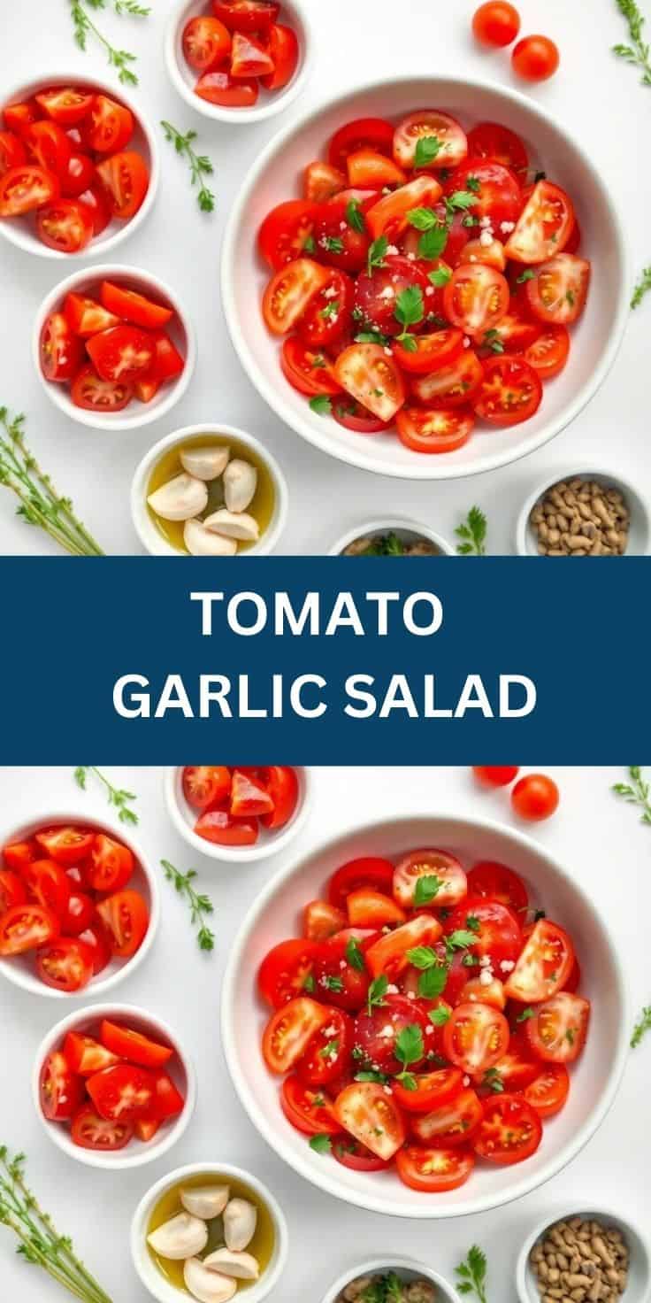 Tomato garlic salad in white bowl garnished with fresh parsley, surrounded by ingredient bowls on white surface.