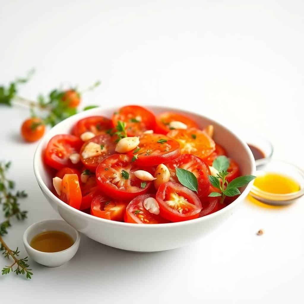 Tomato garlic salad in white bowl with fresh herbs, garlic, and oil garnish on white surface.
