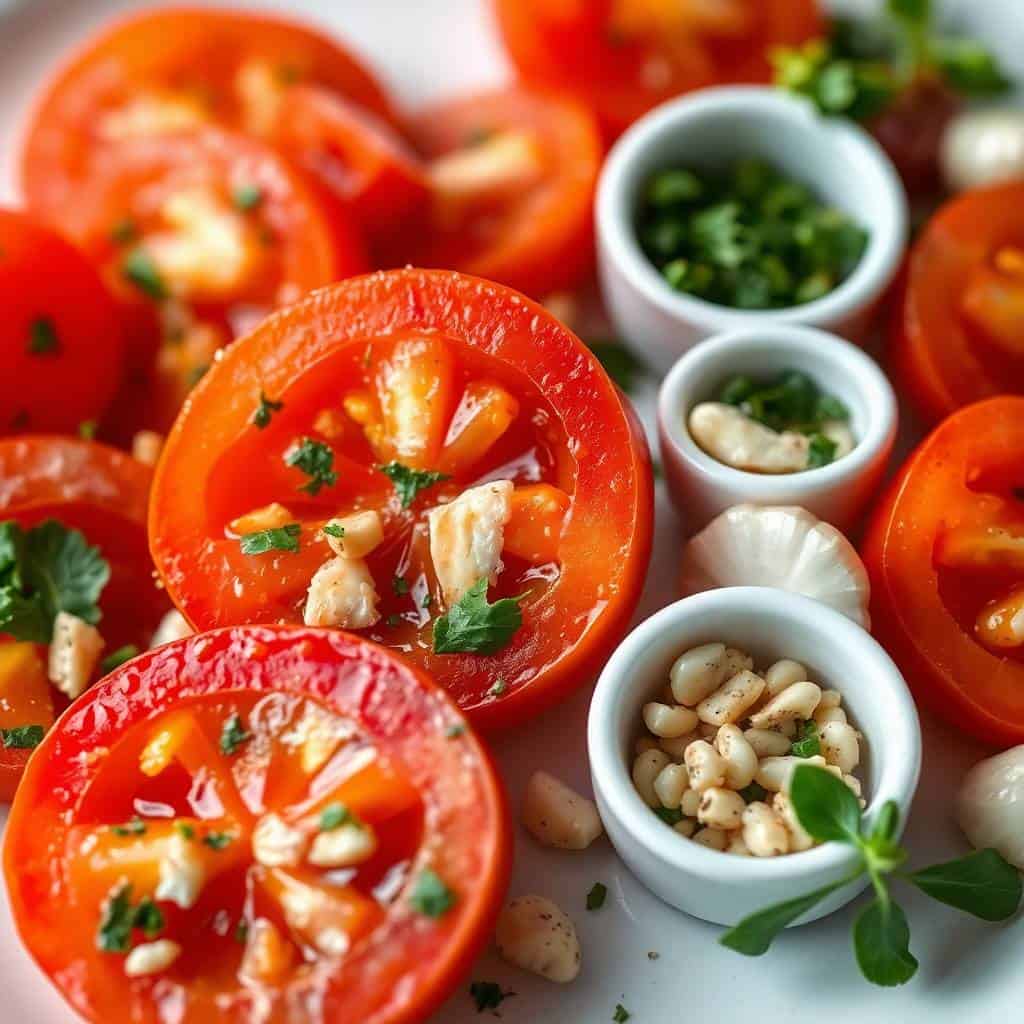 Fresh tomato slices topped with garlic, pine nuts, and parsley garnish in white bowls.