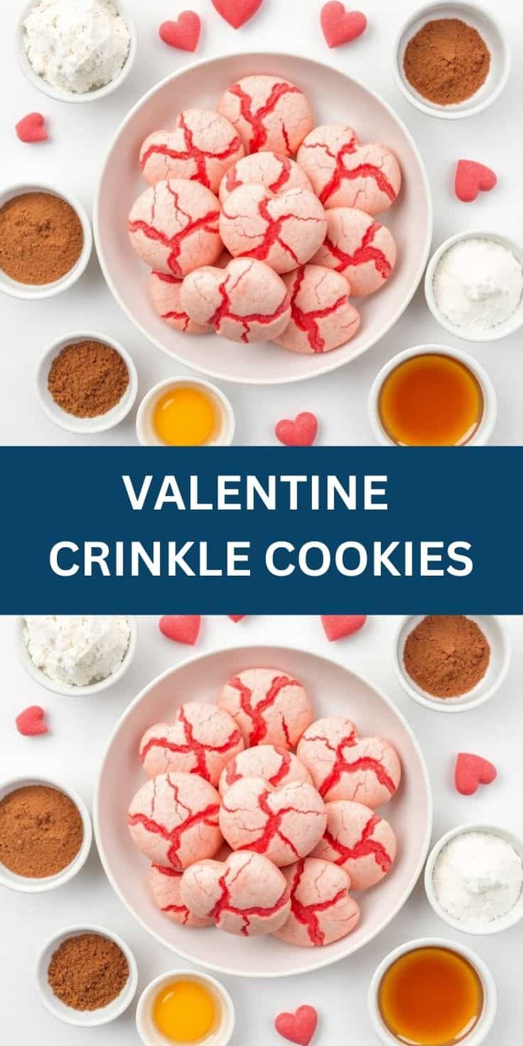 Valentine crinkle cookies with red cracks on pink plate surrounded by ingredients and heart decorations.