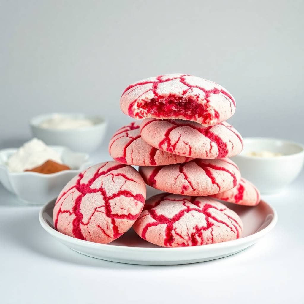Red and white crinkle cookies stacked on white plate with ingredients in background bowls.