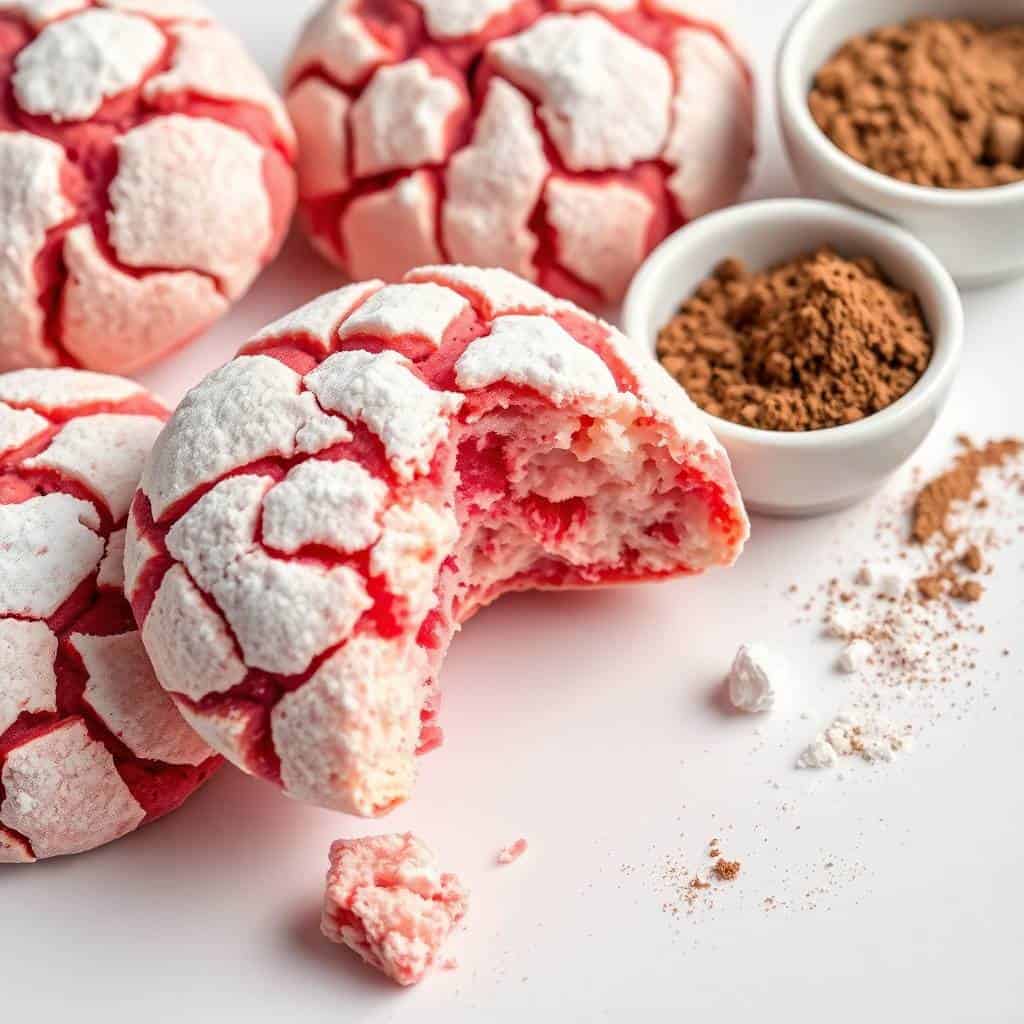 Red and white crinkle cookies with cocoa powder in small white bowls on white surface.
