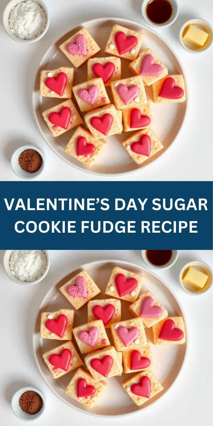 Valentine's Day sugar cookie fudge squares with red and pink heart-shaped fudge centers on white plate.