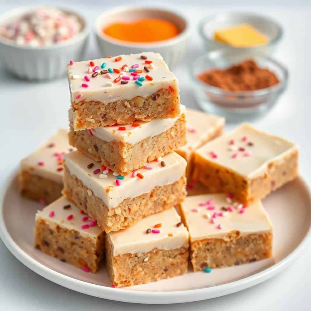 Stacked sugar cookie fudge squares with cream frosting and colorful sprinkles on white plate.