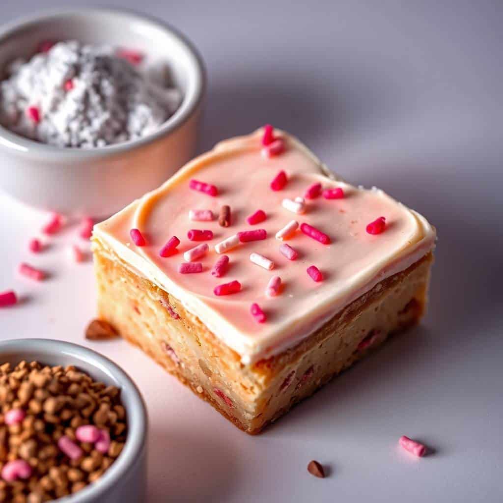 Pink-frosted sugar cookie fudge square topped with red and white sprinkles, surrounded by decorating ingredients.