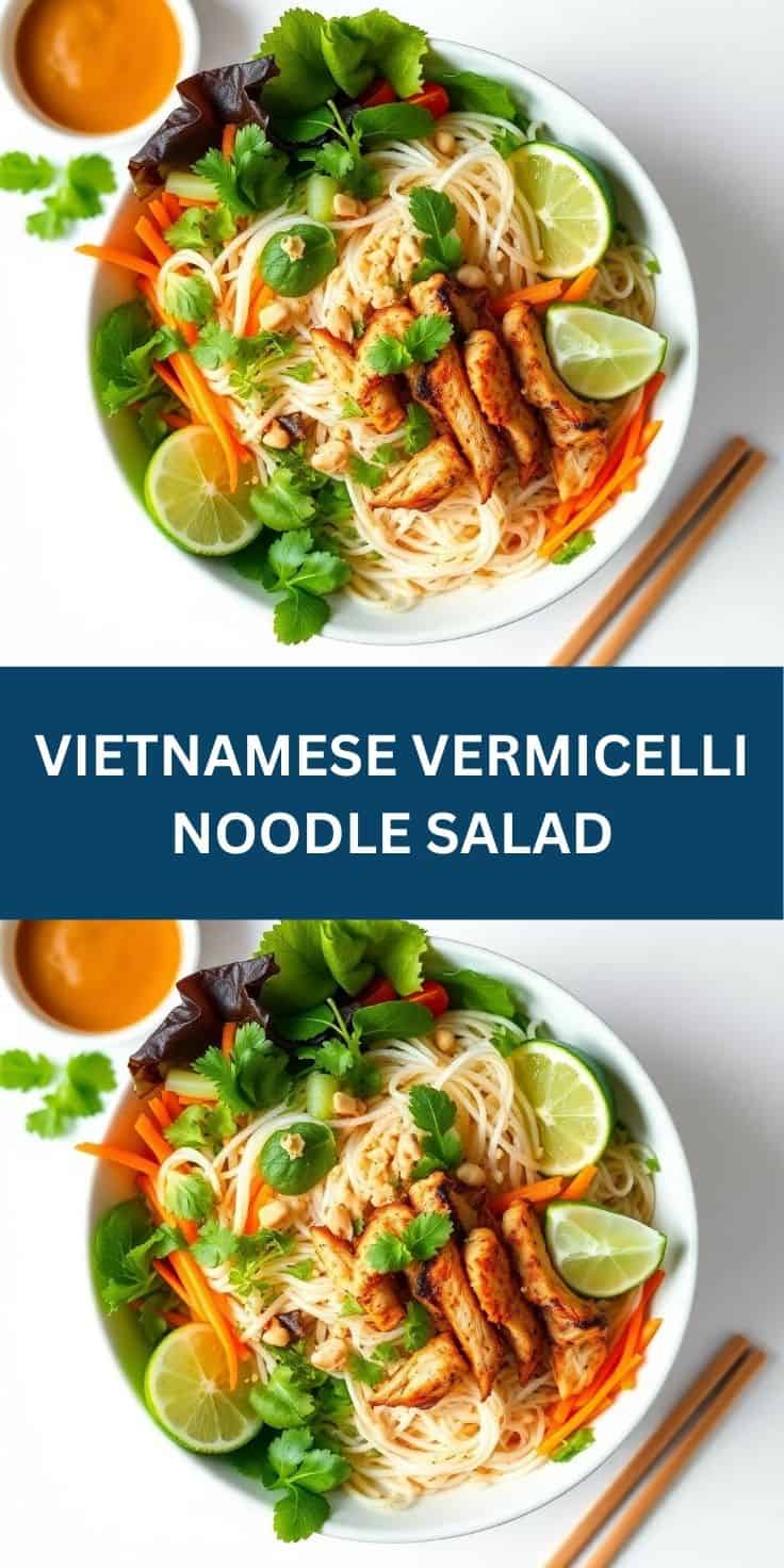 Vietnamese vermicelli noodle salad with grilled chicken, fresh herbs, lime, and orange dressing on white plate.