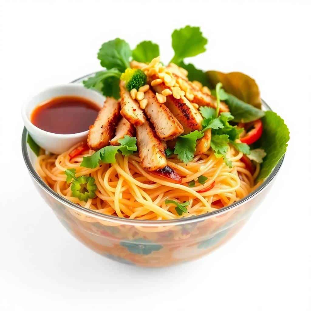 Vietnamese vermicelli noodle salad with sliced pork, fresh herbs, peanuts in decorative bowl with dipping sauce.