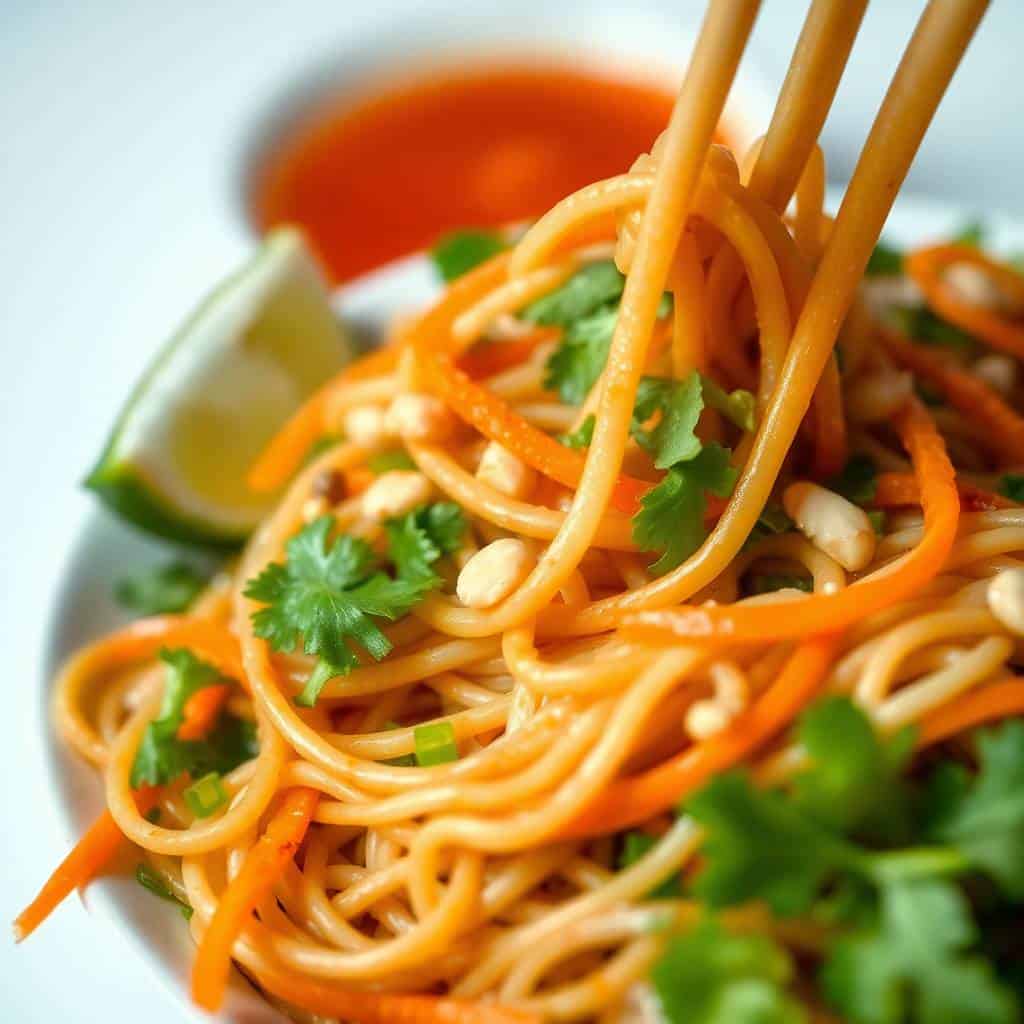 Vietnamese vermicelli noodle salad with crispy noodles, fresh cilantro, peanuts, and chili sauce.
