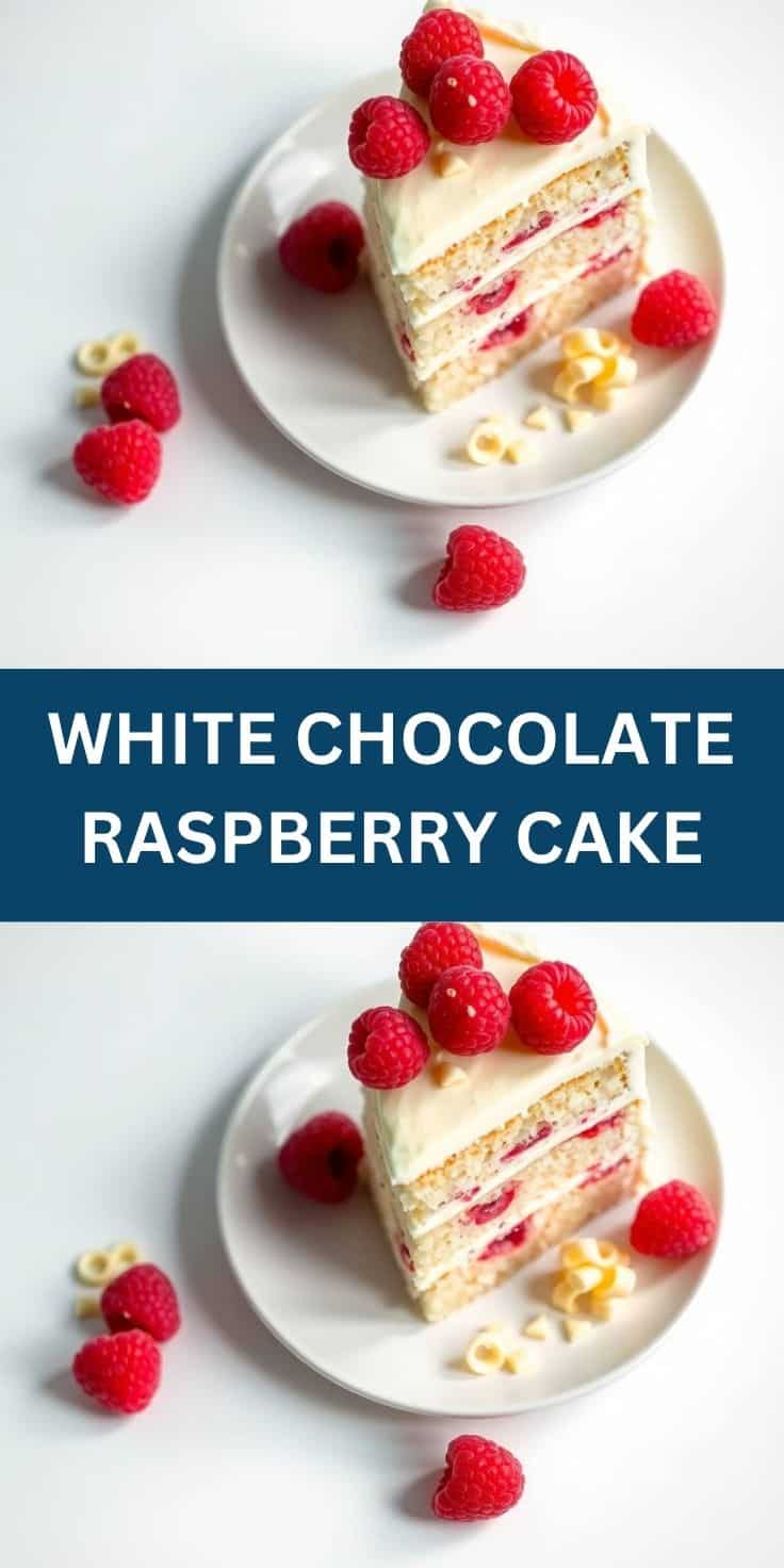 White chocolate raspberry cake slice on white plate with fresh raspberries and nuts garnish.