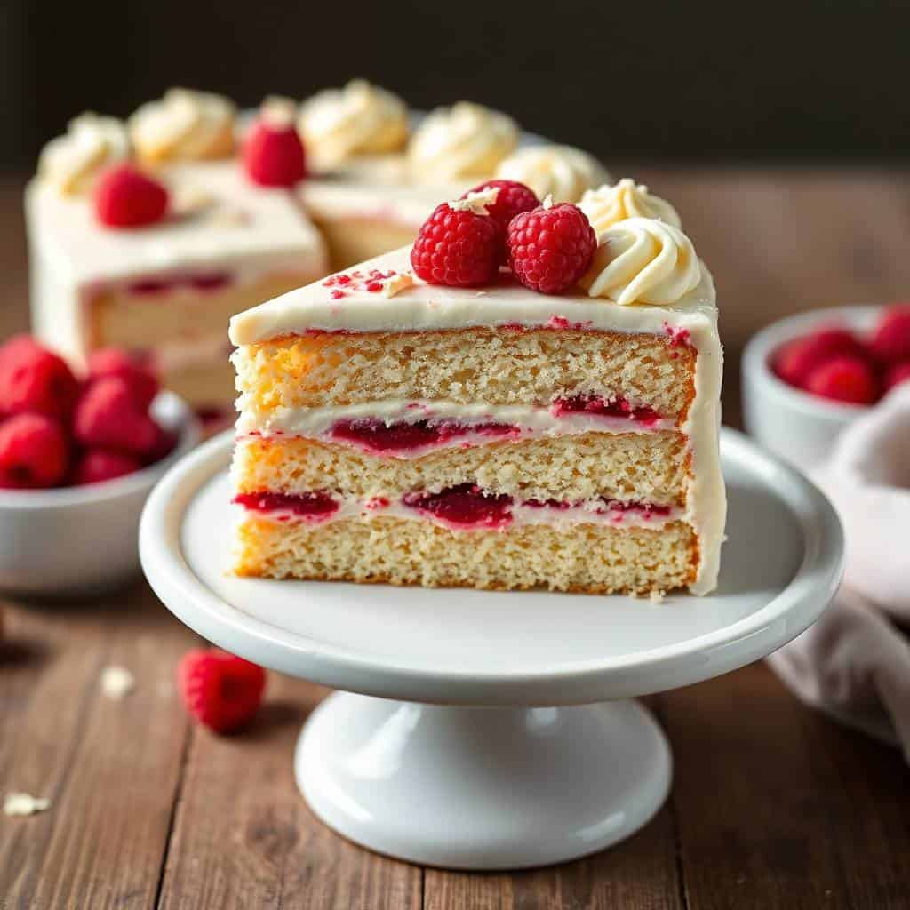 White chocolate raspberry cake slice with cream frosting, fresh raspberries, and layered sponge on pedestal plate.