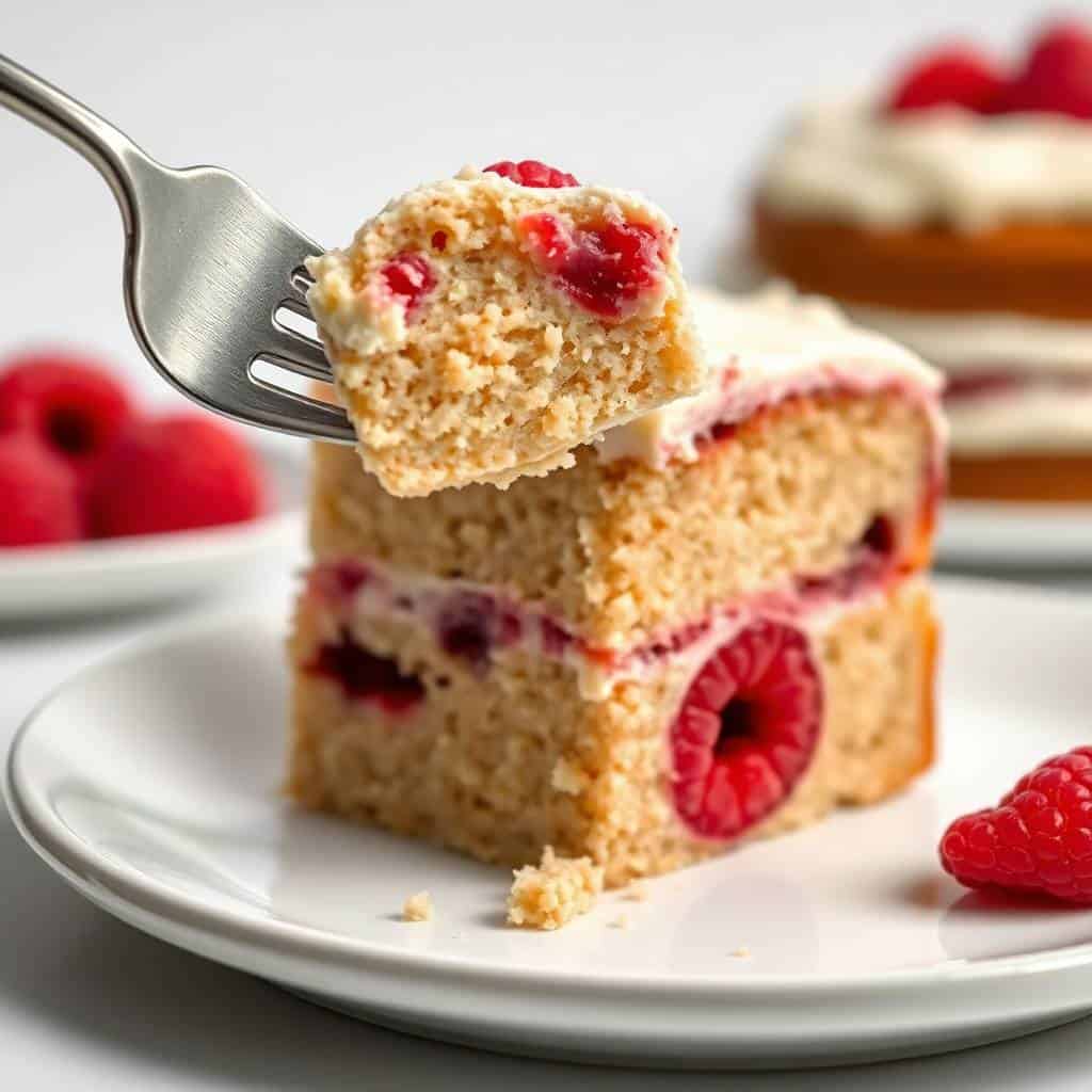 A slice of white chocolate raspberry cake on a white plate with a fork, garnished with fresh raspberries.