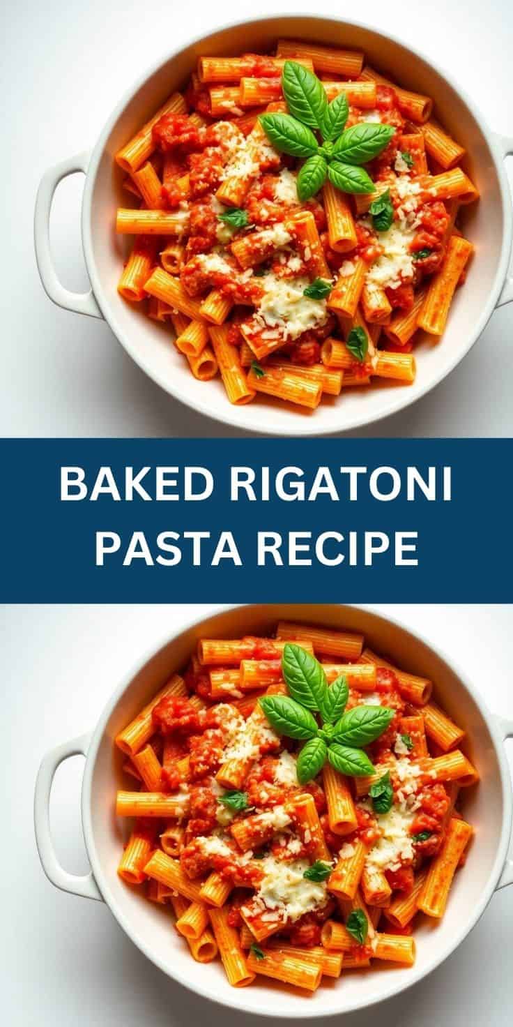 Baked rigatoni pasta in white bowl topped with melted cheese, tomato sauce, and fresh basil garnish.