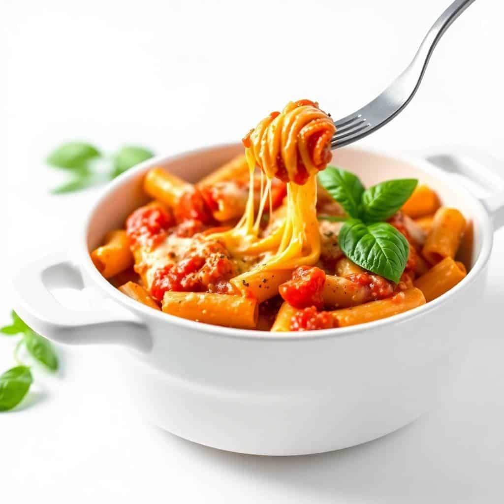 Baked rigatoni pasta with red sauce and melted cheese, garnished with fresh basil in white bowl.