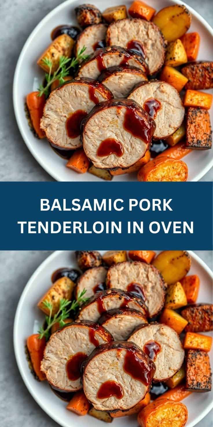 Sliced balsamic pork tenderloin with roasted sweet potato and carrot cubes on white plate with rosemary garnish.