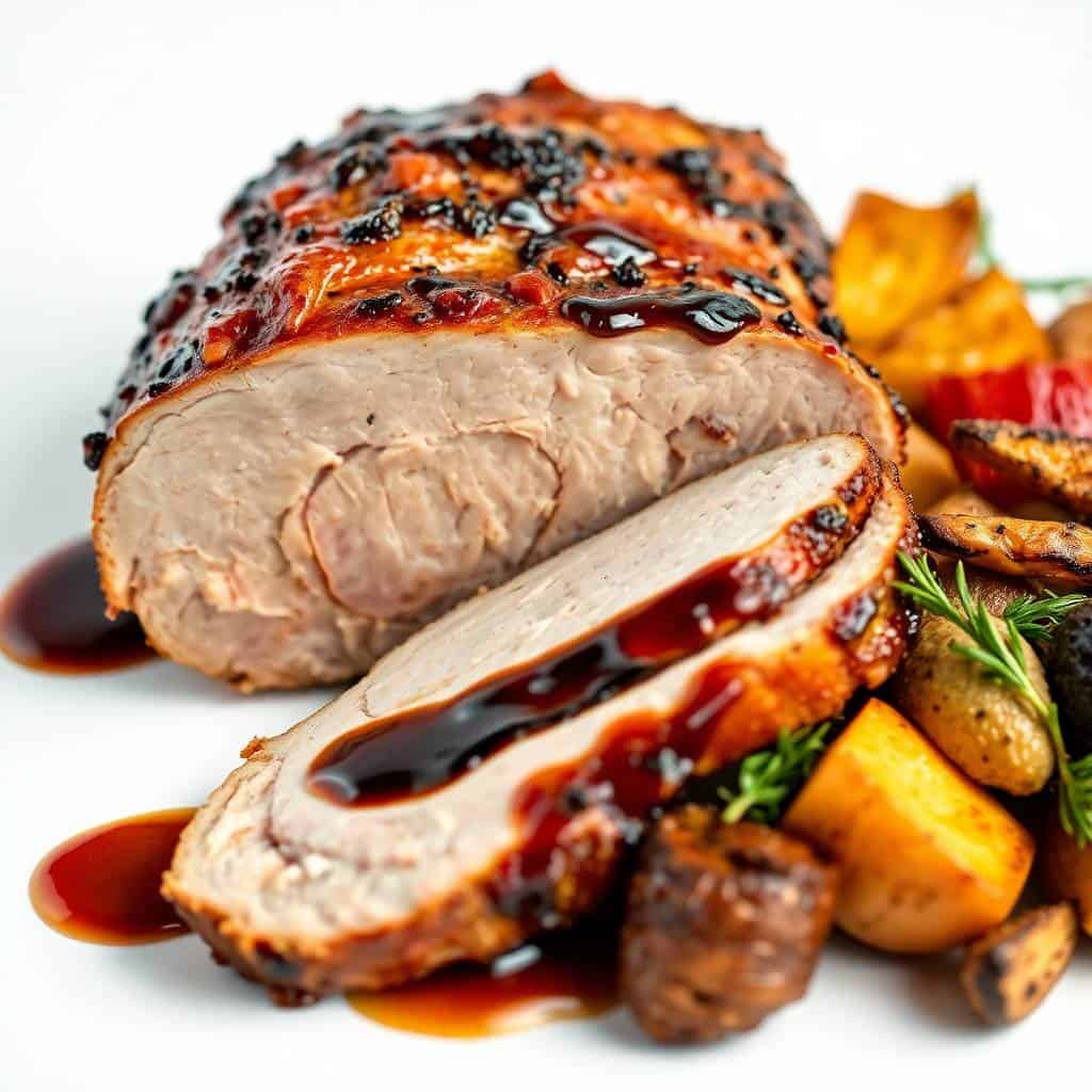 Sliced balsamic pork tenderloin with caramelized glaze, roasted potatoes, and rosemary garnish on white plate.