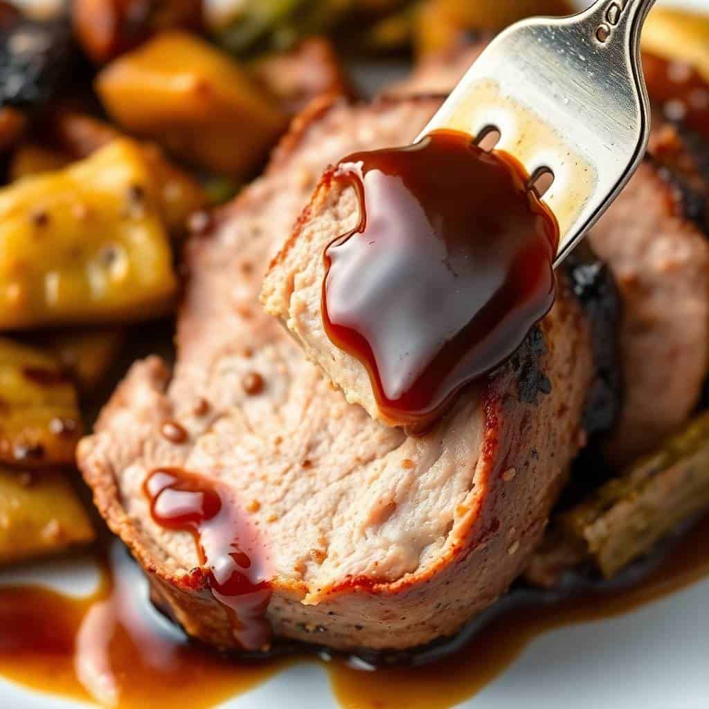 Balsamic pork tenderloin sliced with glaze on fork, roasted potatoes in blurred background.