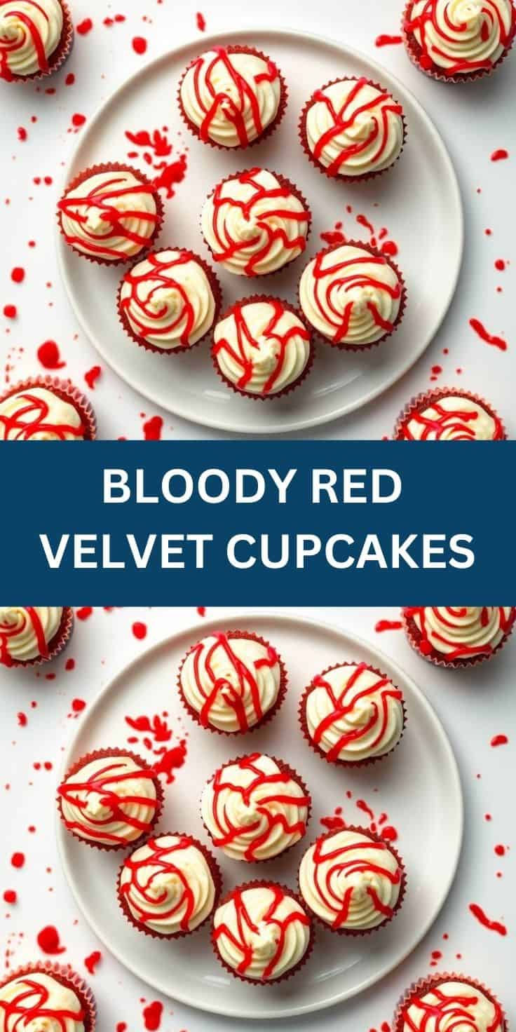 Bloody red velvet cupcakes with cream cheese frosting piped in red and white swirls on white plates.