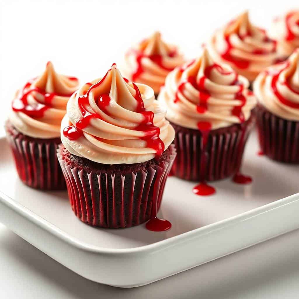 Red velvet cupcakes with cream frosting and red syrup drizzle on white rectangular plate.