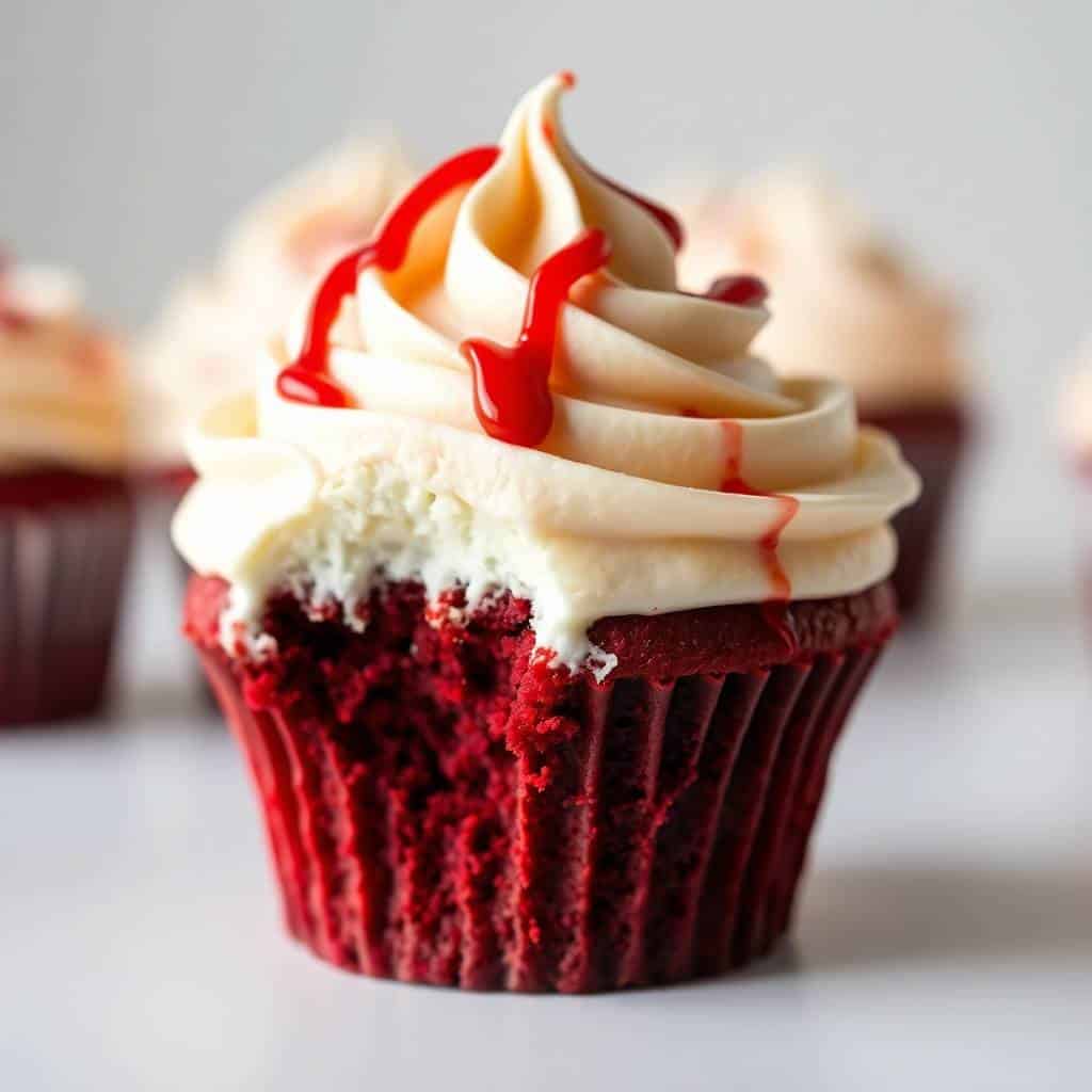 Red velvet cupcake with cream cheese frosting, red drizzle, and cherry garnish in red wrapper.