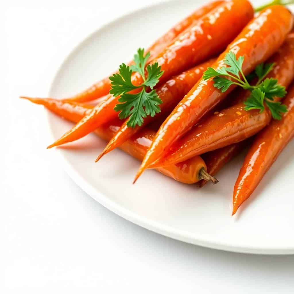 Brown sugar glazed carrots on white plate garnished with fresh parsley.