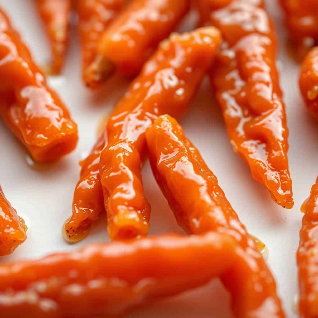 Brown sugar glazed carrots with shiny caramelized coating on white surface.