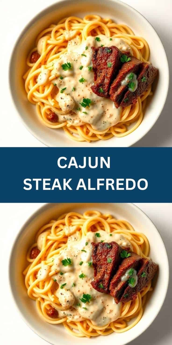 Cajun steak alfredo with seared beef strips, creamy sauce, fettuccine pasta, and fresh parsley on white plate.