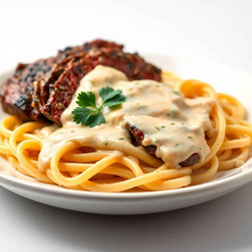 Cajun steak alfredo with seared meat, creamy sauce, spaghetti, and fresh parsley on white plate.