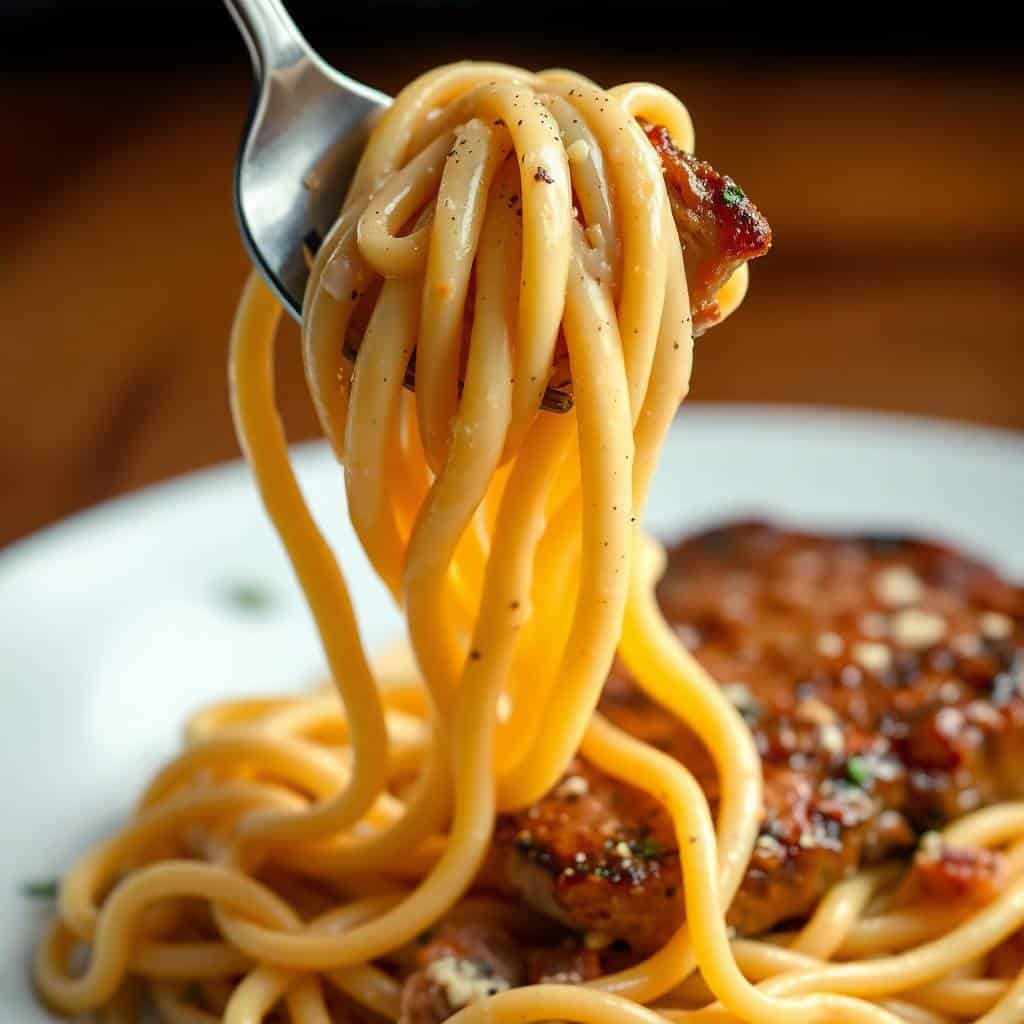 Fork twirling creamy Cajun Steak Alfredo pasta with seasoned meat and black pepper garnish.