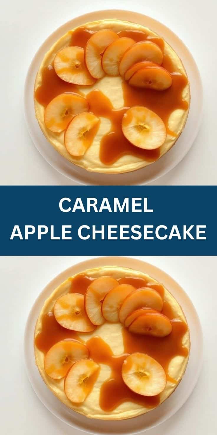 Caramel apple cheesecake topped with sliced apples and caramel sauce on white plate.