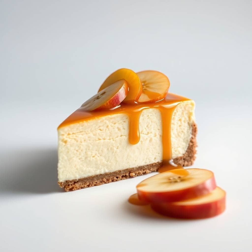 Slice of caramel apple cheesecake with graham cracker crust, caramel drizzle, and fresh apple garnish.