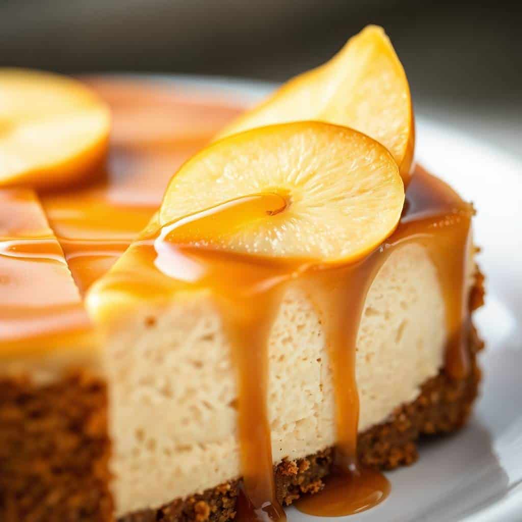Caramel apple cheesecake slices with caramel drizzle and candied apple garnish on white plate.