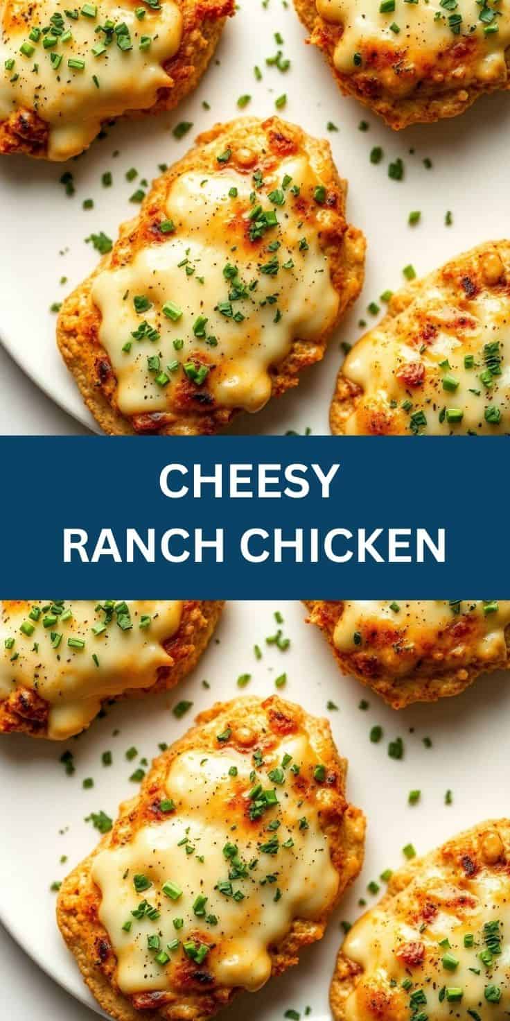 Cheesy ranch chicken breasts topped with melted cheese and fresh chives on white plate.