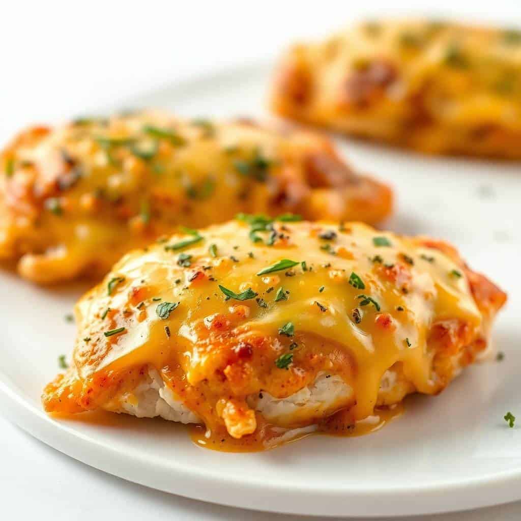 Cheesy ranch chicken breasts topped with melted cheddar and fresh chives on white plate.