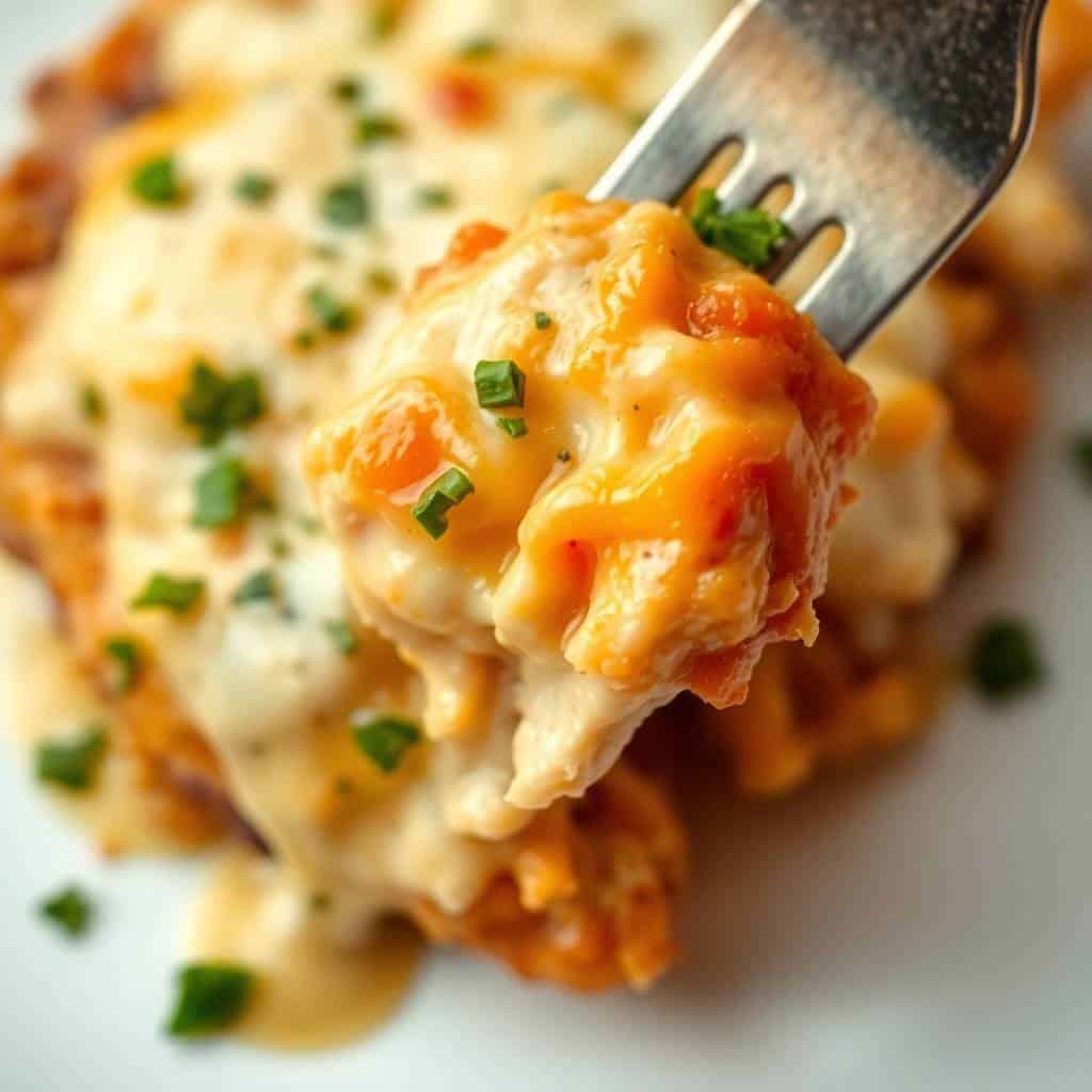 Cheesy ranch chicken with melted cheese and green onion garnish on a fork, close-up view.