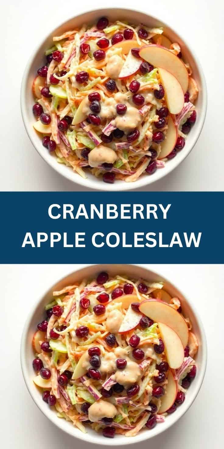 Cranberry apple coleslaw in white bowl with shredded cabbage, apple slices, and cranberries.