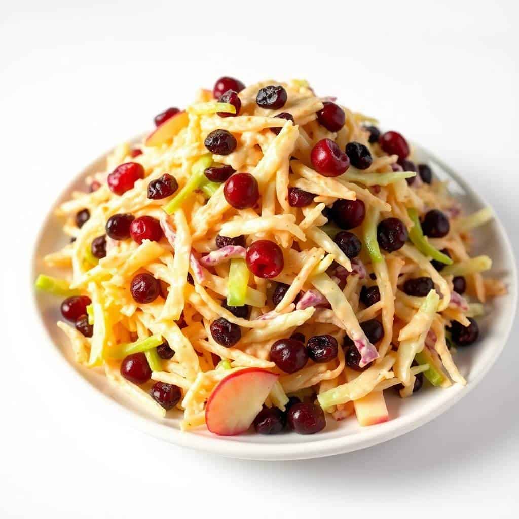 Cranberry apple coleslaw with shredded cabbage, red currants, and apple slices on white plate.