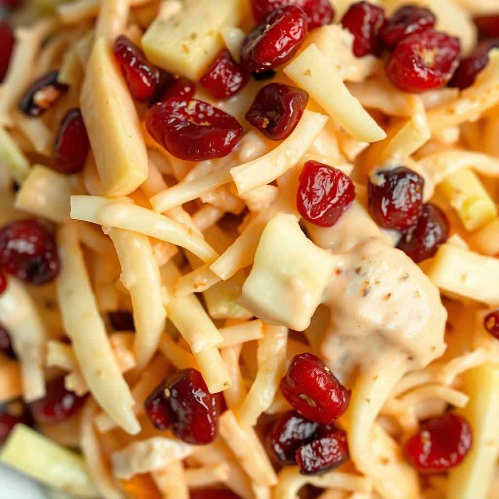 Cranberry apple coleslaw with shredded cheese, red berries, and herbs in close-up detail.