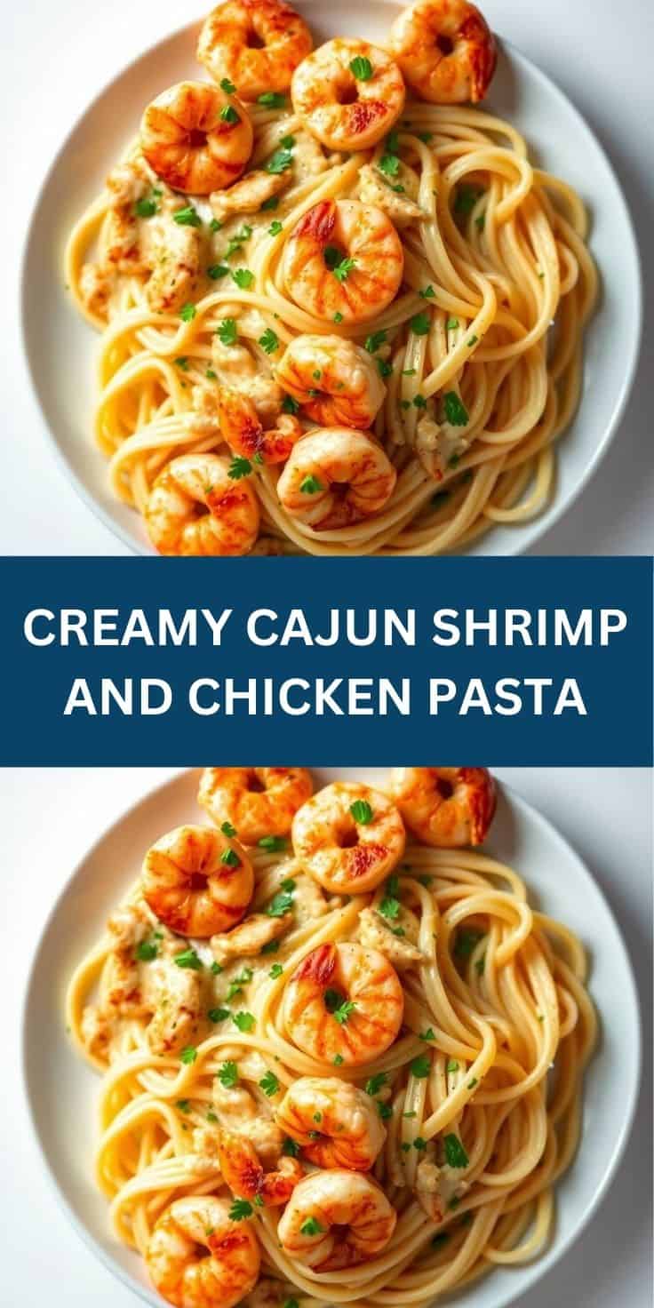 Creamy Cajun shrimp and chicken pasta with seared shrimp, spaghetti, and fresh parsley on white plate.
