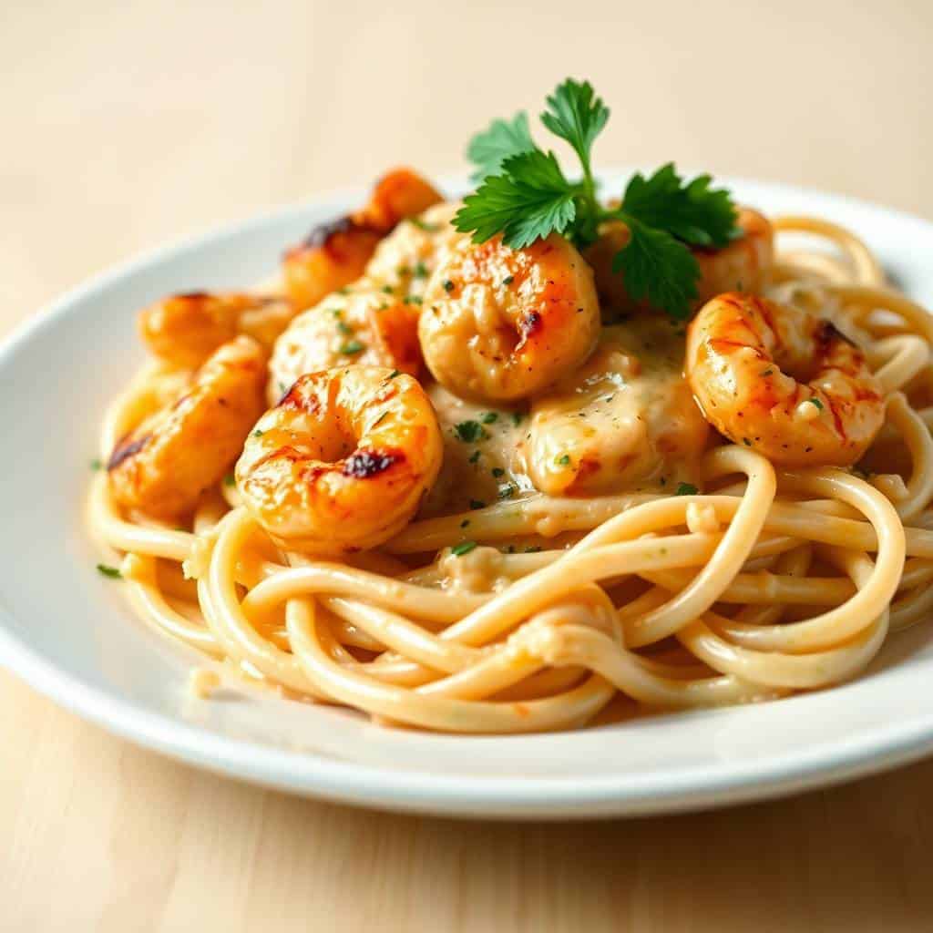 Cajun shrimp pasta garnished with parsley on white plate over wooden surface.