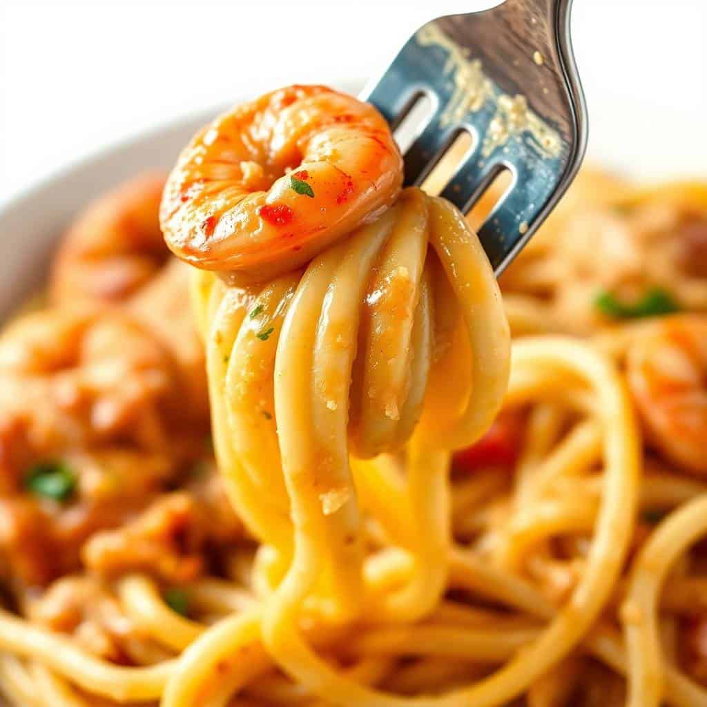 Fork twirling creamy Cajun shrimp and chicken pasta with fresh herbs garnish.