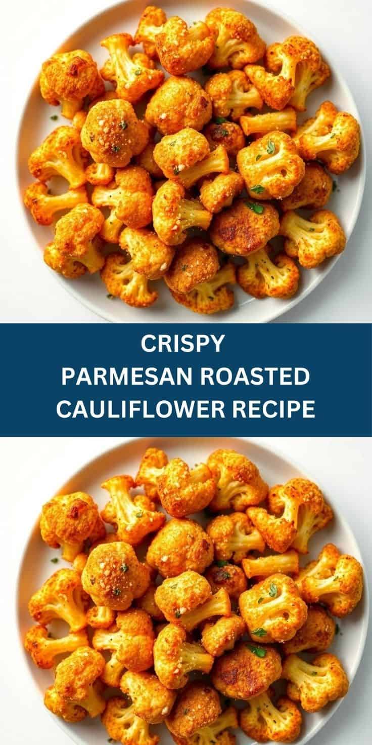 Golden-brown crispy parmesan roasted cauliflower florets garnished with fresh herbs on a white plate.