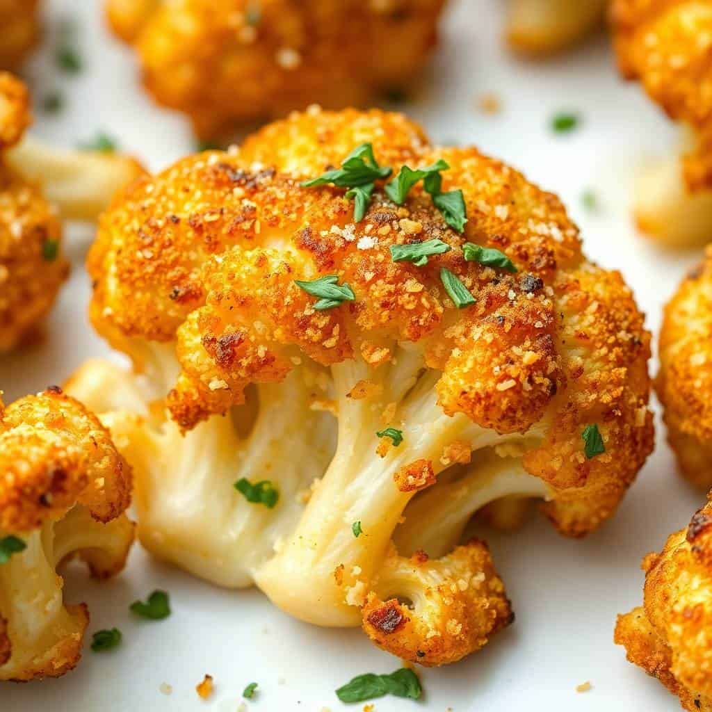 Crispy golden parmesan roasted cauliflower florets garnished with fresh chives on white surface.