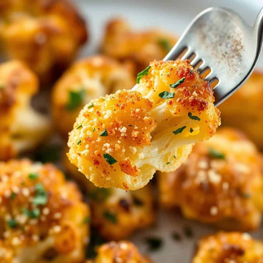Crispy parmesan roasted cauliflower on fork with golden coating and fresh parsley garnish.