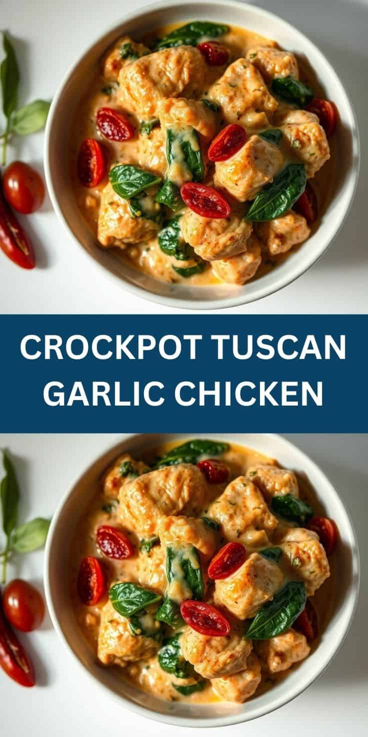 Crockpot Tuscan garlic chicken with tender chicken pieces, fresh basil, and sun-dried tomatoes in creamy sauce.