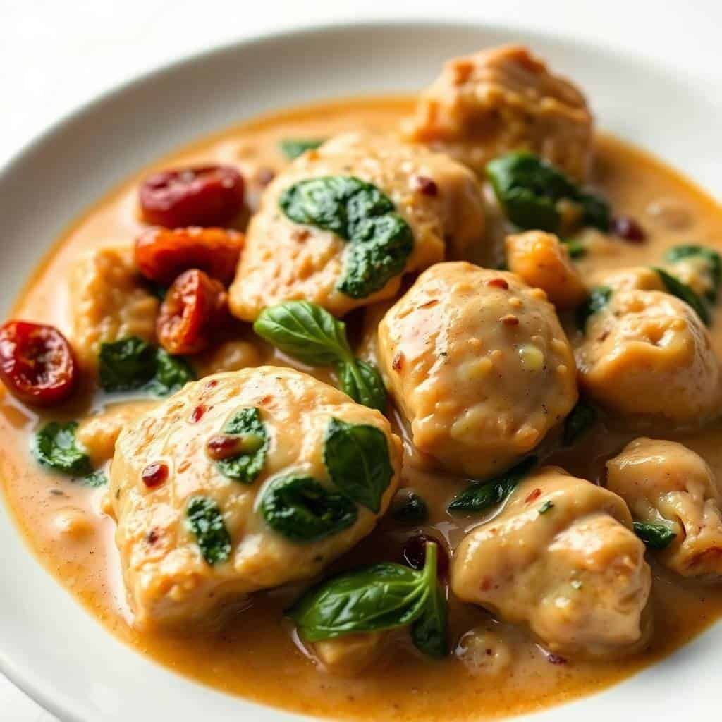 Crockpot Tuscan garlic chicken with sun-dried tomatoes and basil in creamy sauce on white plate.