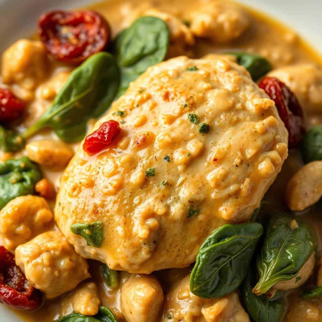 Crockpot Tuscan garlic chicken with chickpeas, sun-dried tomatoes, and fresh basil garnish.