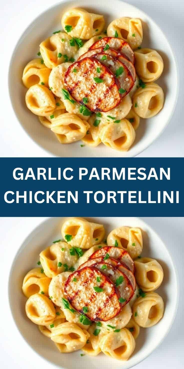Garlic Parmesan Chicken Tortellini plated on white dish with fresh parsley garnish.