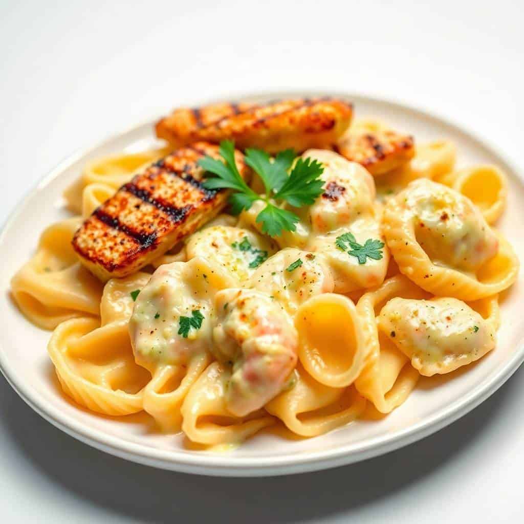 Garlic Parmesan chicken tortellini plated with seared scallops, fresh parsley, and black pepper on white dish.