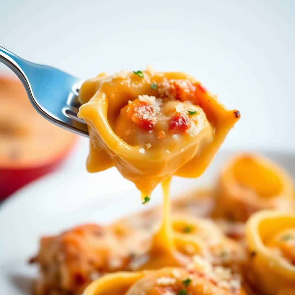 Garlic Parmesan Chicken Tortellini on fork with melted cheese and fresh parsley garnish.