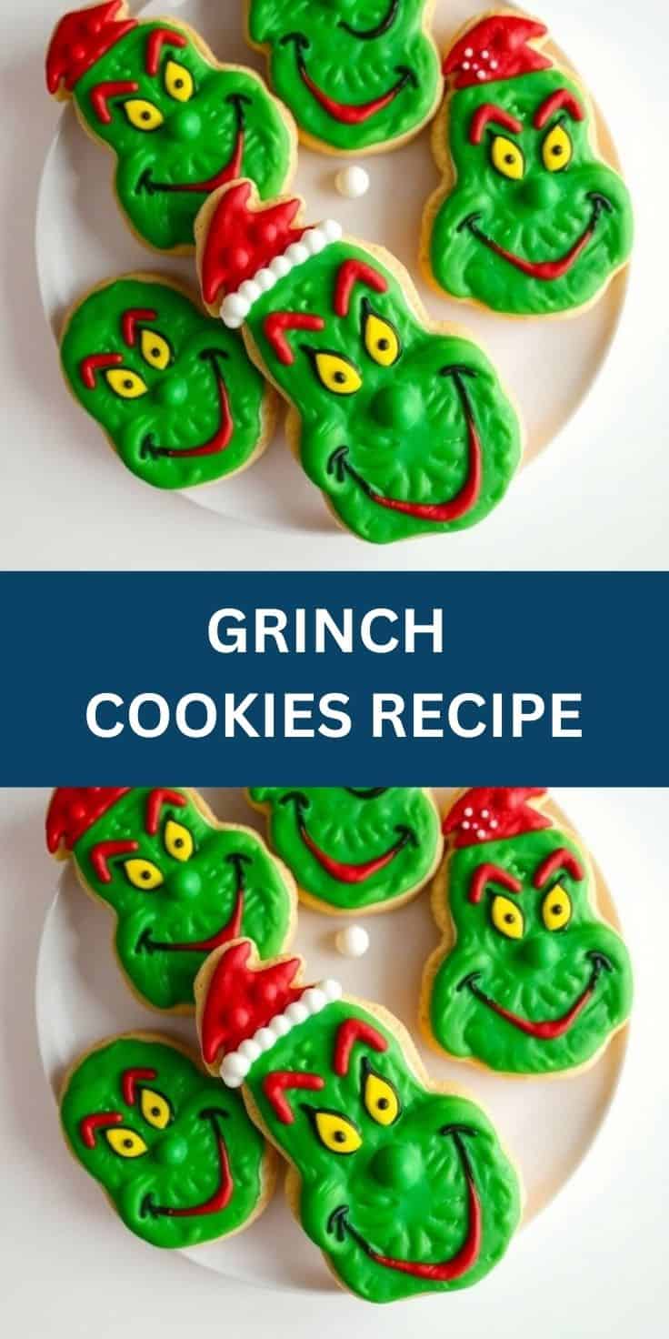 Grinch-shaped sugar cookies decorated with bright green royal icing, yellow eyes, red mouths, and Santa hats on white plate.